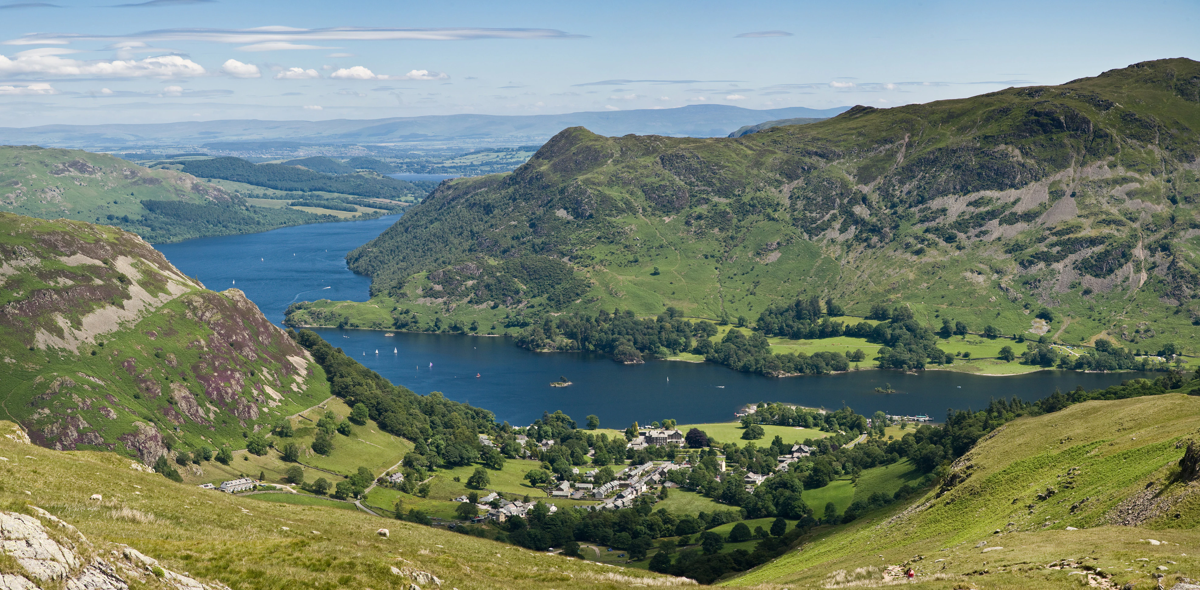 Panoramic view of Glenridding village, Ullswater lake, and surrounding green mountains under a partly cloudy sky