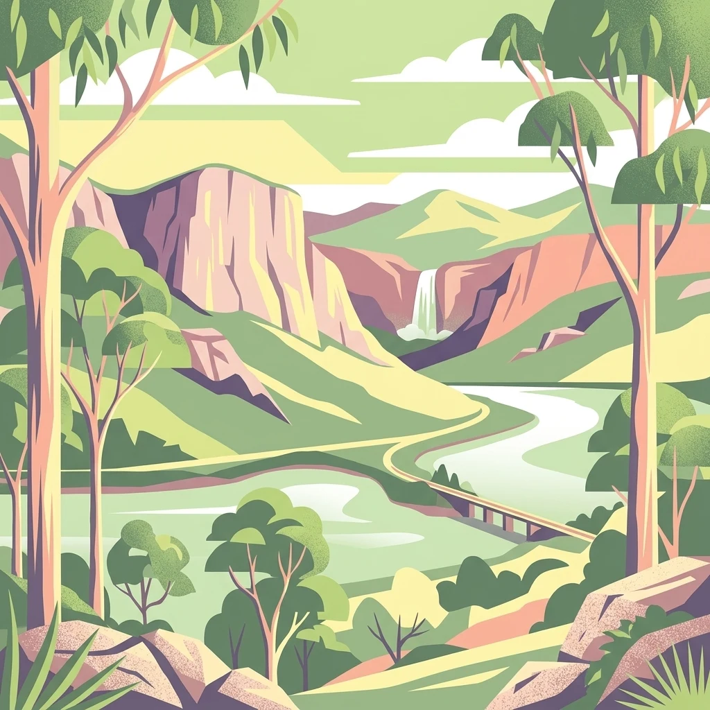 An illustration of a river flowing through a valley with mountains in the background, trees in the foreground, and a bridge crossing the river