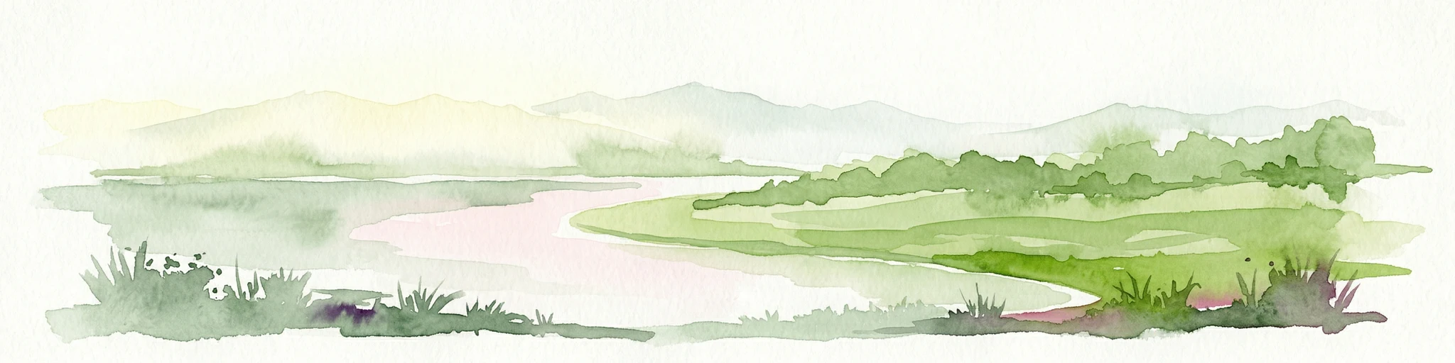 Ilustración en acuarela que muestra un lago rodeado de colinas verdes y vegetación