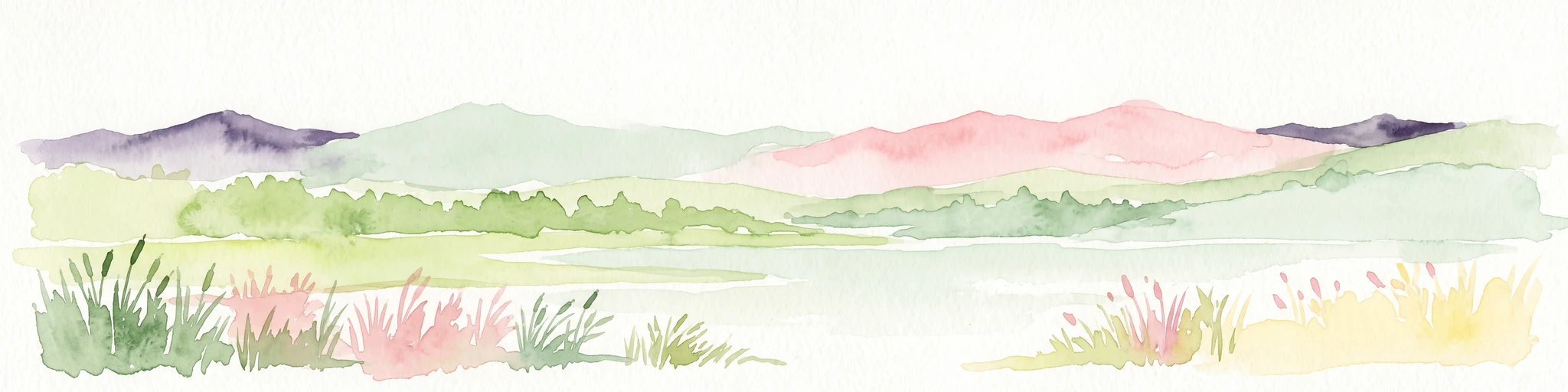 Watercolor painting of a lake landscape with marshy foreground reeds, distant hills, and soft pastel colors.