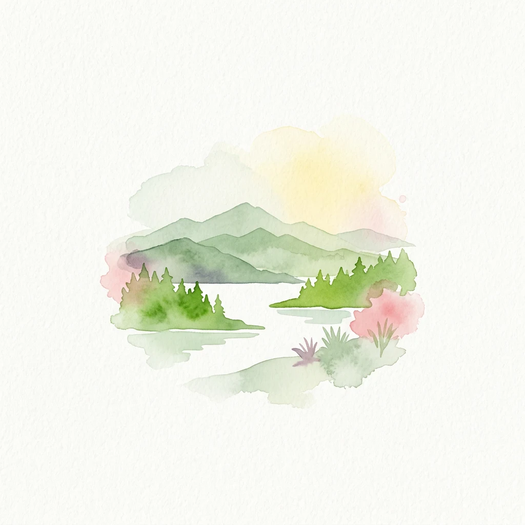 Watercolor illustration showing a lake surrounded by forests with mountains in the background and pink flowers in the foreground