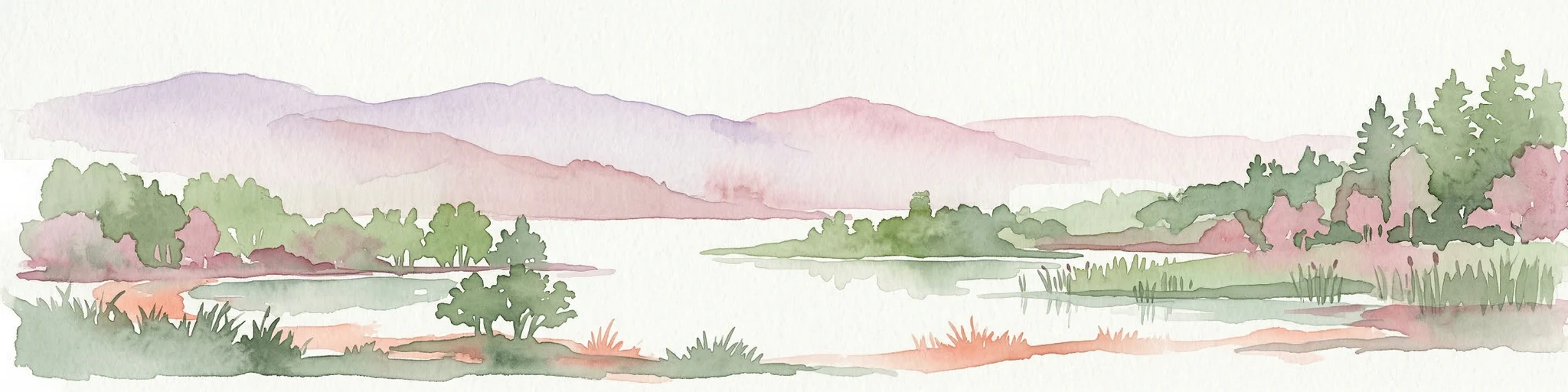 Pintura de acuarela que muestra un lago, montañas, árboles y una orilla cubierta de hierba