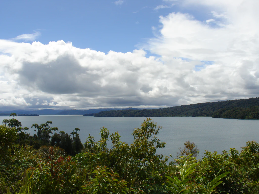 A wide, eye-level view of a large, calm lake surrounded by lush green forested hills under a sky filled with large white clouds.