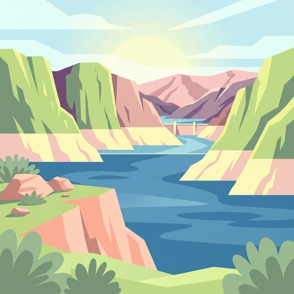 A flat-style vector illustration depicting a wide river flowing between rocky canyon cliffs with a concrete dam visible in the distance under a sunlit sky.