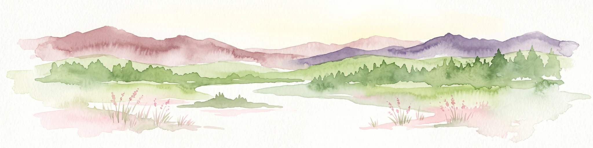 A watercolor painting showing a soft-toned landscape with a winding river in the foreground, a forested middle ground, and rolling mountains in the distance.