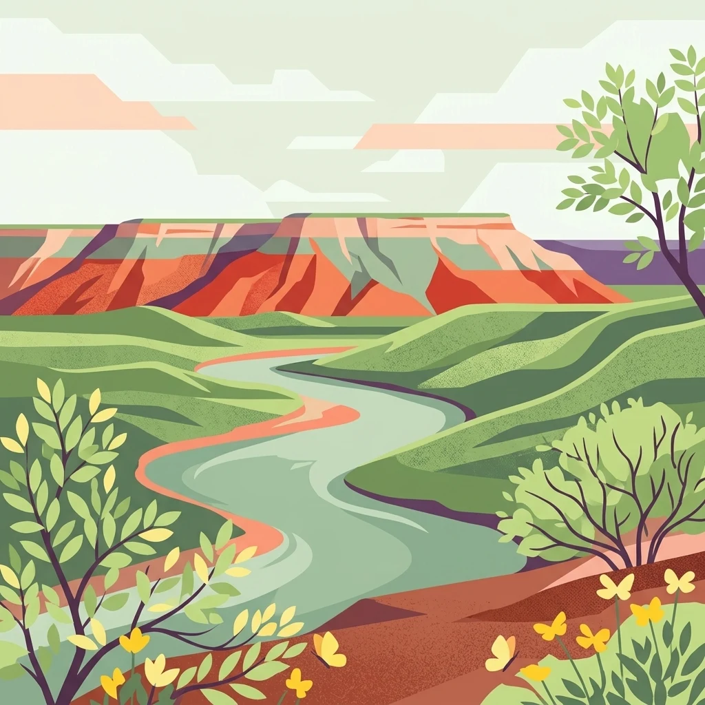A digital illustration depicting a winding river flowing through a lush green valley toward a colorful red-rock mesa under a soft, light sky.