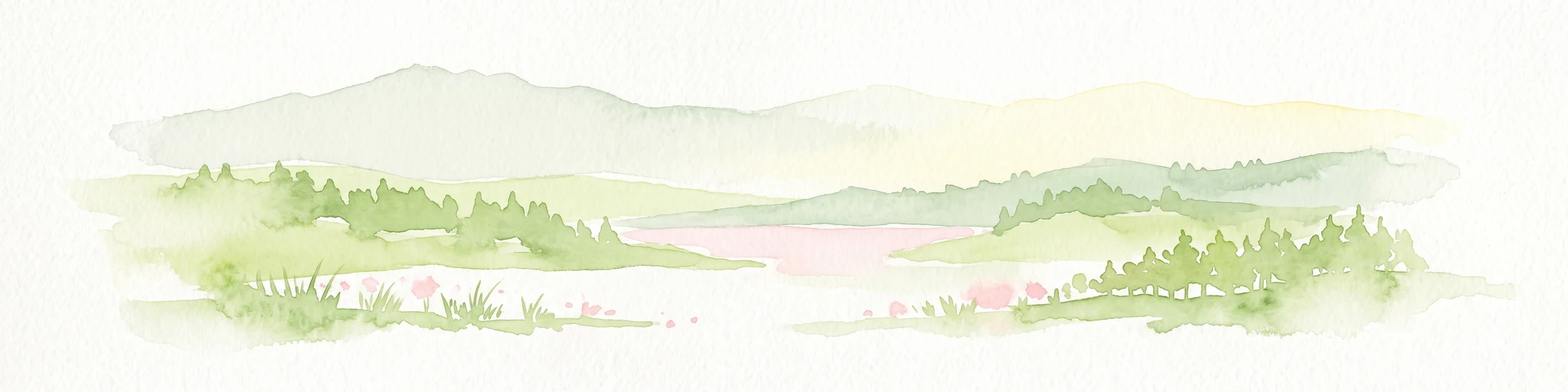 A watercolor illustration of a landscape with a central lake reflecting soft pink hues, surrounded by green rolling hills and pine forests under a hazy sky.