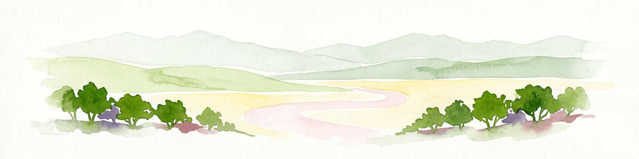 A soft watercolor illustration depicting a pale yellow lake shore with green trees in the foreground and rolling hills in the background.