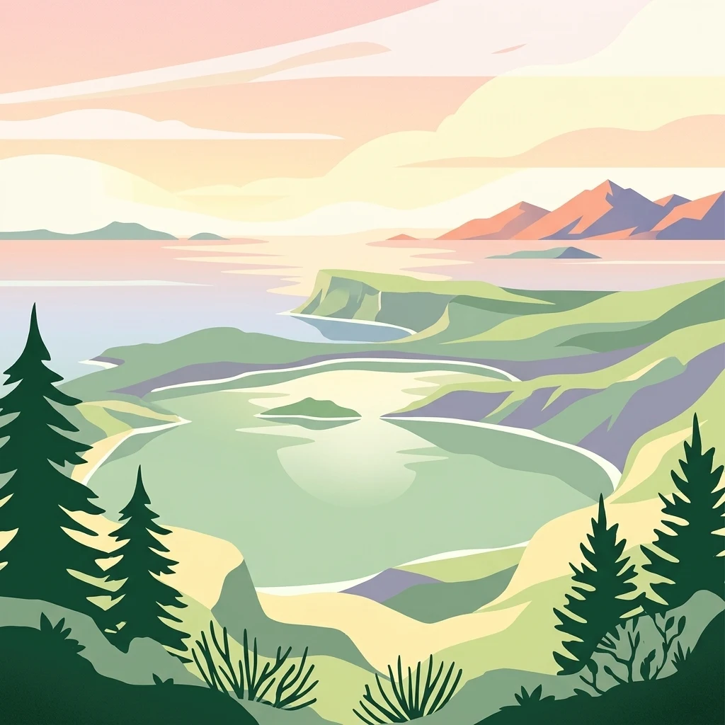 A stylized vector illustration of a lake landscape with pine trees in the foreground, rolling green hills, and distant mountains under a sunset-colored sky.
