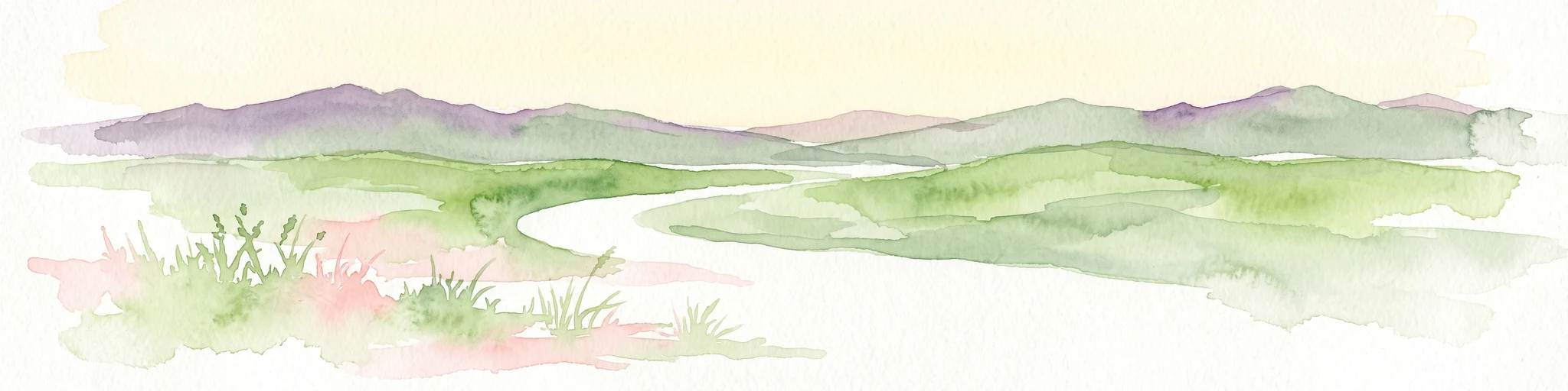 A watercolor painting showing a winding stream flowing through grassy wetlands toward distant low mountain ranges.