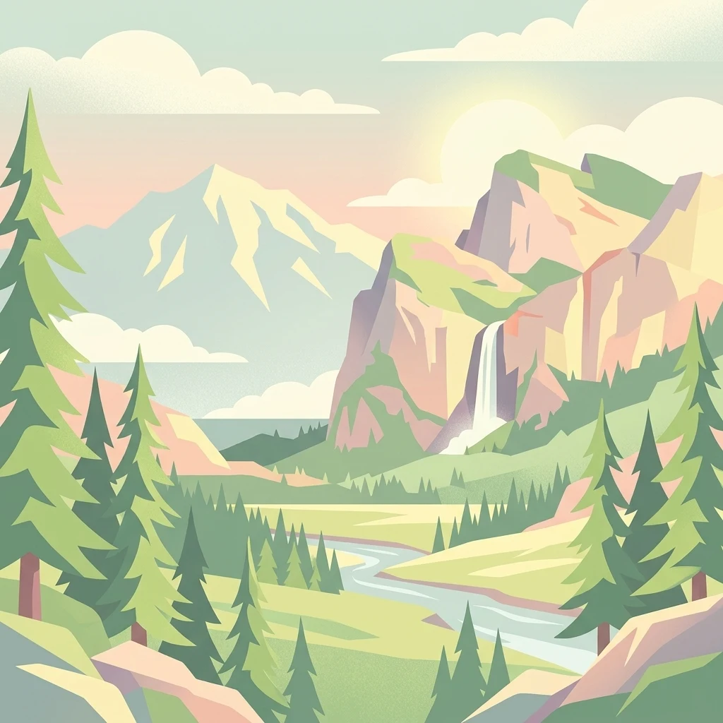 An illustration showing a valley with a winding river, pine trees, and a waterfall cascading from a mountain in the background.