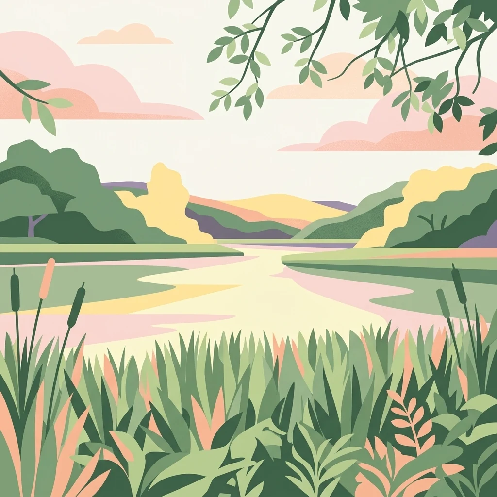 A flat-style digital illustration of a calm, winding river or lake surrounded by lush green vegetation, reeds, and rolling hills under a soft pastel sky.