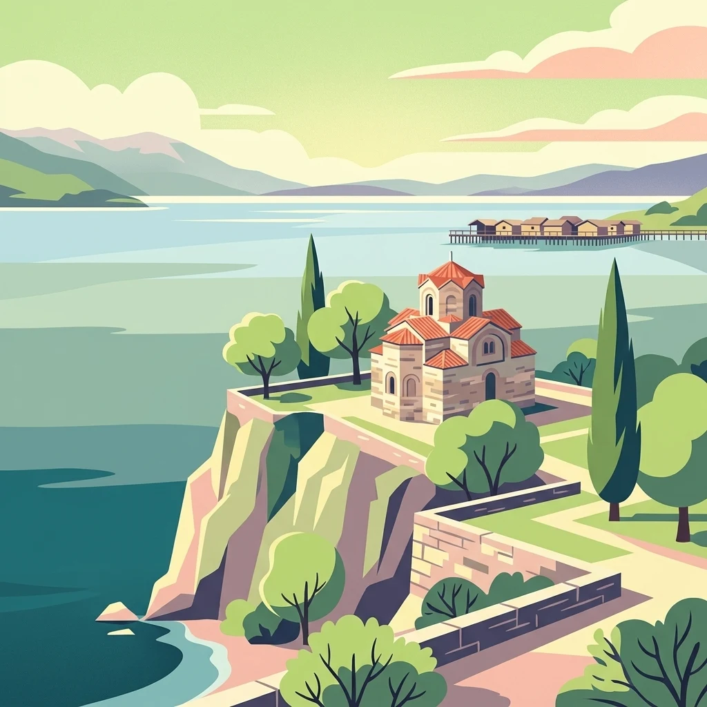 A stylized digital illustration showing a historic stone church with a red tiled roof situated on a cliff overlooking the calm blue waters of Lake Ohrid, with a wooden stilt structure visible in the distant background.