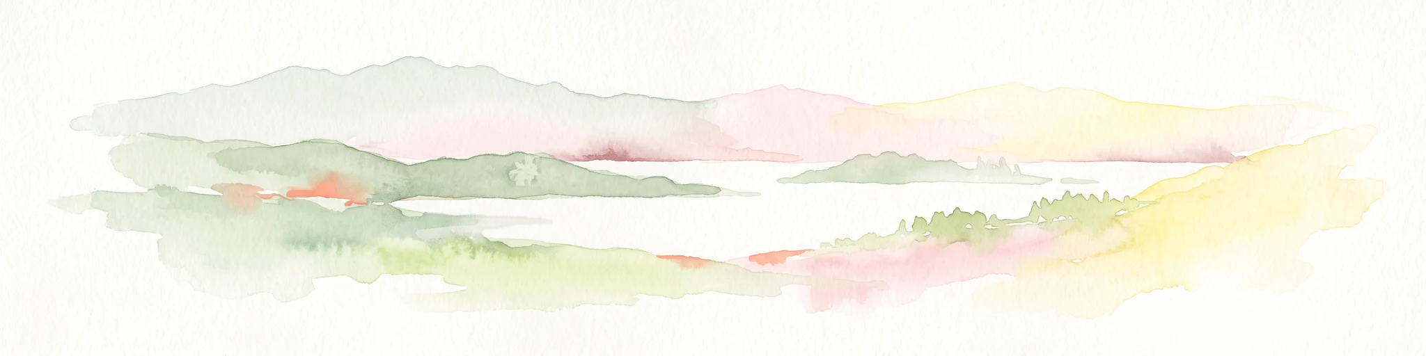 A soft watercolor painting of a lake landscape with rolling green hills, distant mountains, and gentle reflections in pale greens, pinks, and yellows.