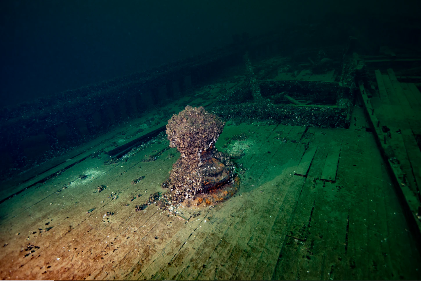 An underwater photograph looking down at the wooden deck of a shipwreck in Lake Ontario, featuring a central metal bollard covered in small crustaceans.