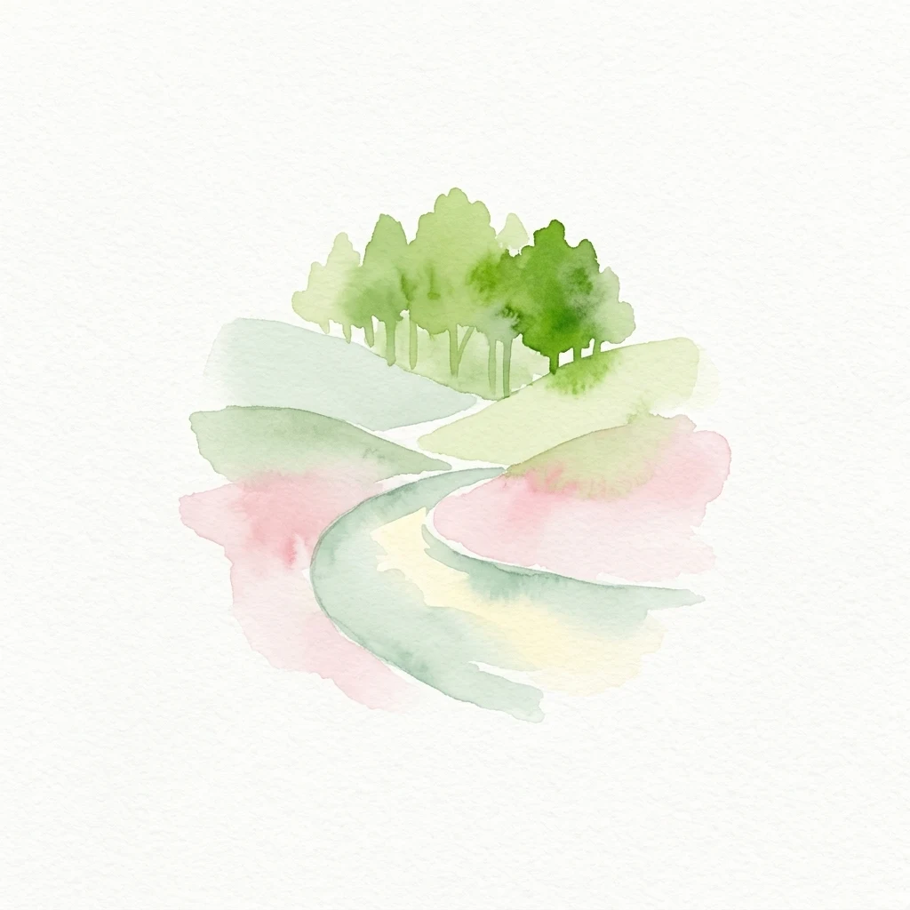 Watercolor illustration of a winding path through rolling hills with green trees and pastel-colored terrain