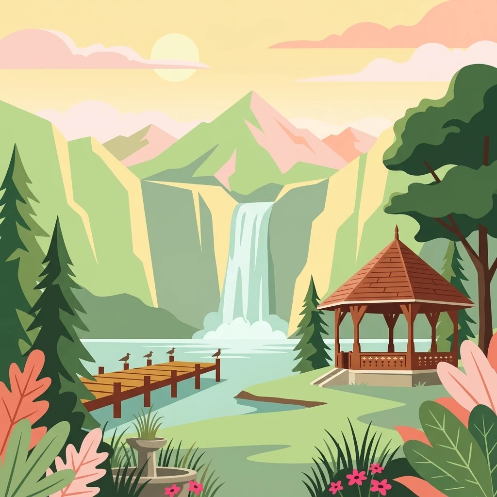 Stylized illustration of a lake with a waterfall, wooden gazebo, pier, trees, and mountains under a sunny sky