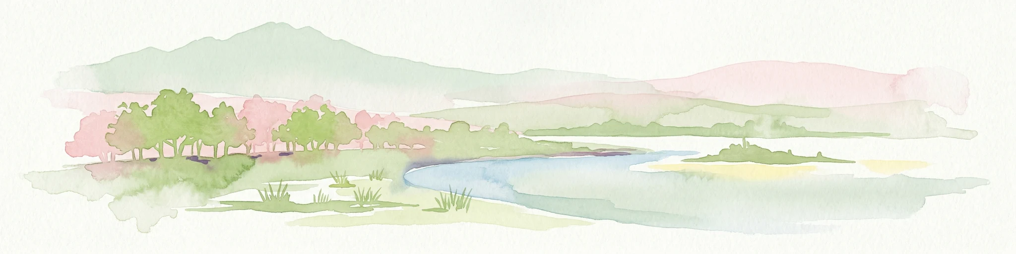 Ilustración en acuarela del lago Palić, mostrando un cuerpo de agua con árboles verdes y rosados en la orilla, y colinas ondulantes al fondo