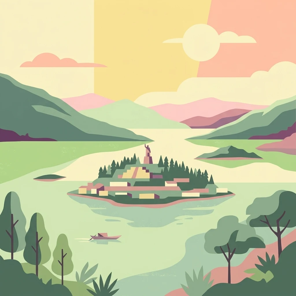 Una ilustración minimalista de estilo vectorial plano de un lago con una isla en el centro que contiene una estatua prominente y pequeños edificios, rodeada de colinas verdes onduladas y un cielo cálido con colores de atardecer.