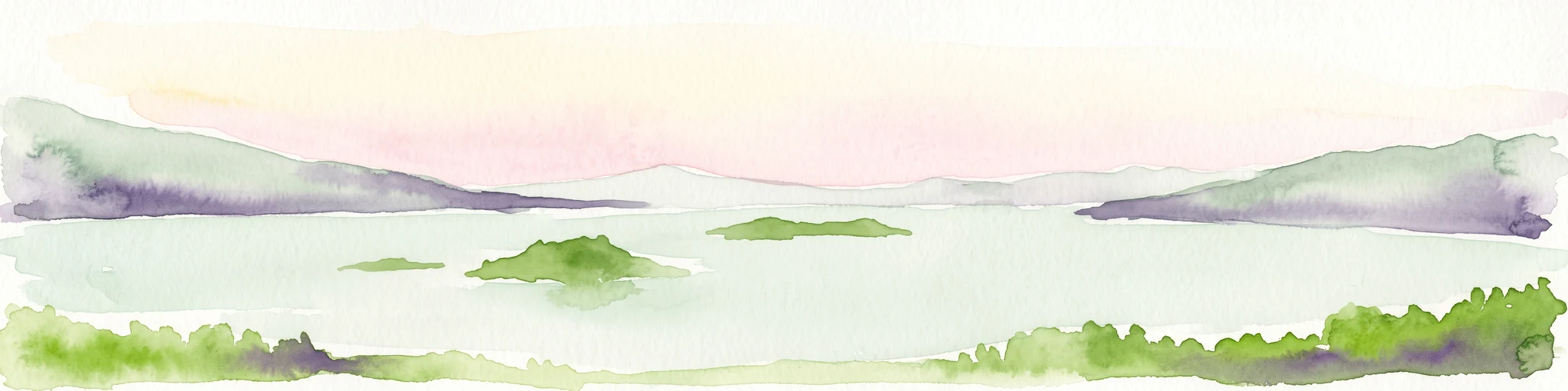 A watercolor illustration of a wide lake landscape with distant hills, small green islands, and vegetation in the foreground, painted in soft muted tones.