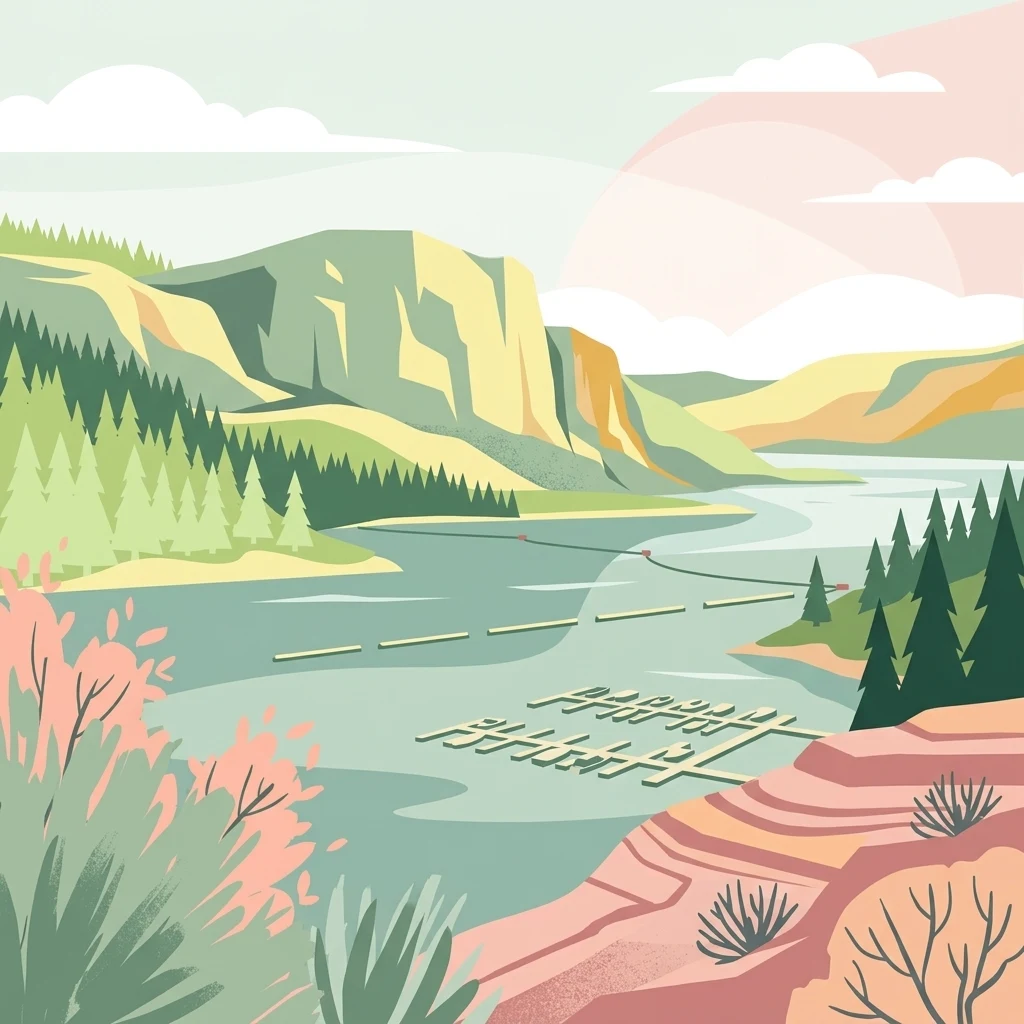 Ilustración digital en estilo plano de un paisaje lacustre con acantilados rocosos, bosque de coníferas y un embarcadero flotante en primer plano.