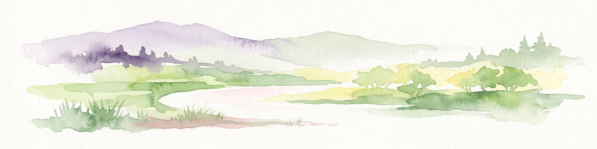 A soft watercolor illustration depicting a winding river flowing through a gentle landscape with distant rolling hills and scattered trees.