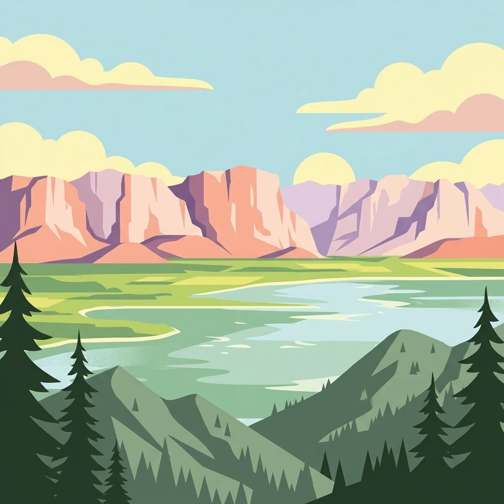 Una obra de arte digital en estilo ilustrativo que muestra un lago tranquilo rodeado de colinas verdes y frondosas en primer plano y crestas montañosas rocosas y altas en la distancia bajo un cielo azul pálido con nubes.