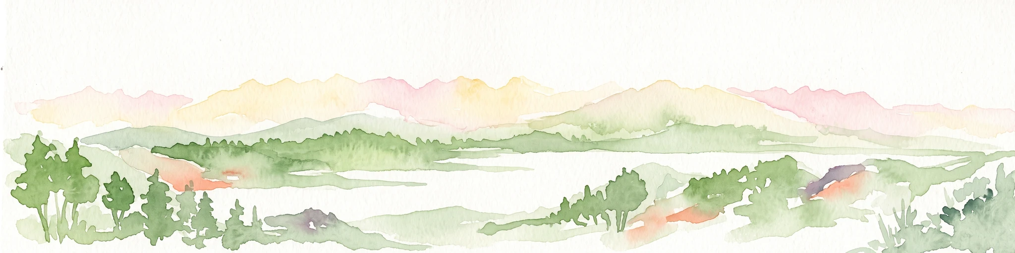 A watercolor painting showing a panoramic view of green rolling hills and a body of water under a soft, light sky.