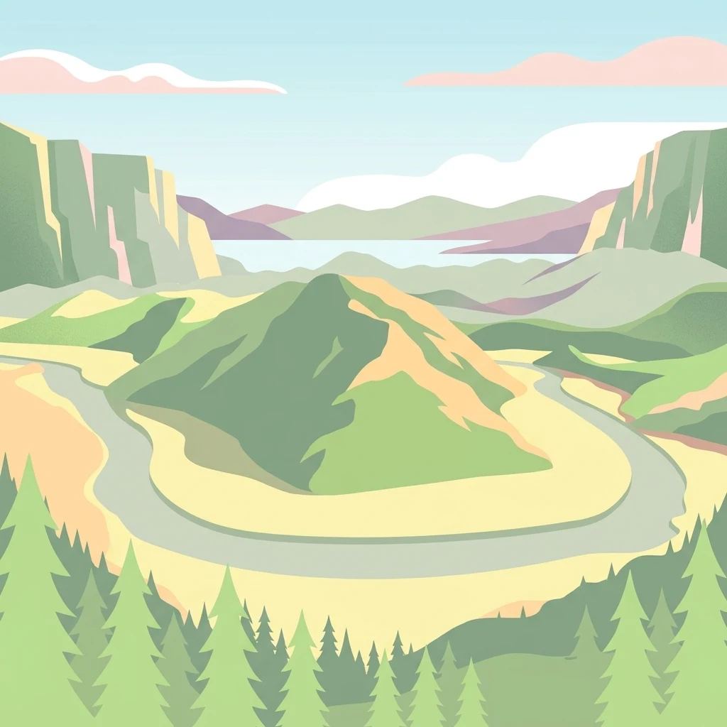 A flat vector-style illustration featuring a winding river flowing around a central green hill, surrounded by mountains and a foreground of stylized evergreen trees.