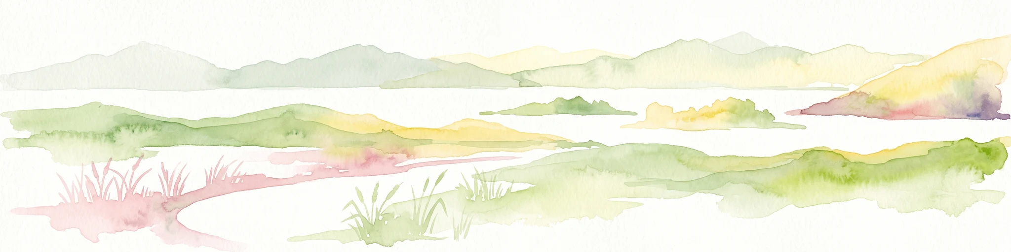 Watercolor painting of a lake landscape with green marshes in the foreground, small islands in the middle, and rolling hills in the background.