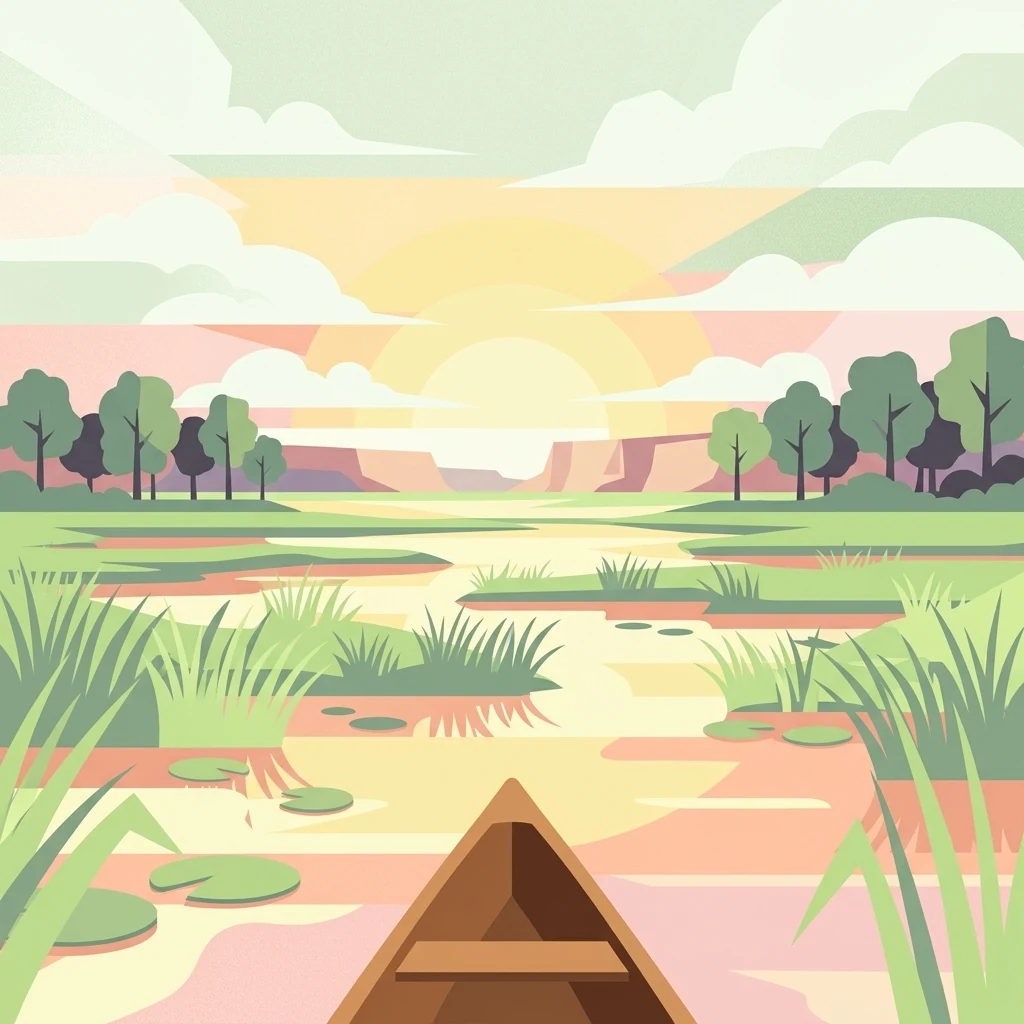 A flat-style vector illustration depicting a view from the front of a small boat looking out over a calm, marshy lake at sunrise, with reeds, water lilies, and distant trees.