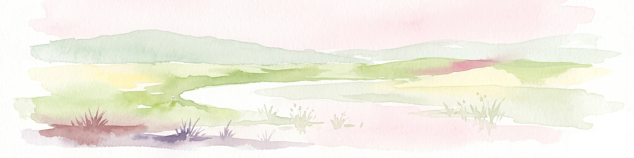 A soft watercolor illustration showing a calm, curved wetland area with gentle green hills in the background and sparse vegetation in the foreground.