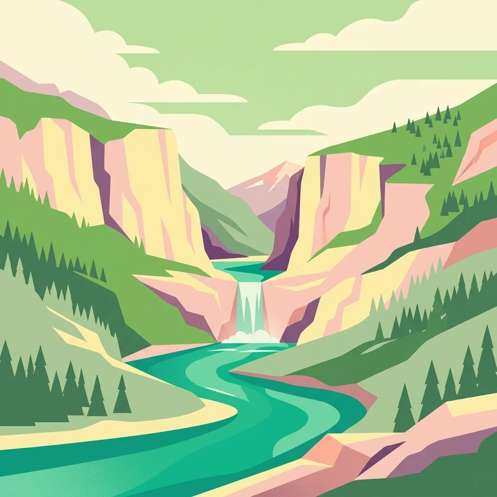 Una ilustración plana de estilo vectorial de un río que fluye entre acantilados escarpados y laderas montañosas boscosas, con una cascada en el centro.
