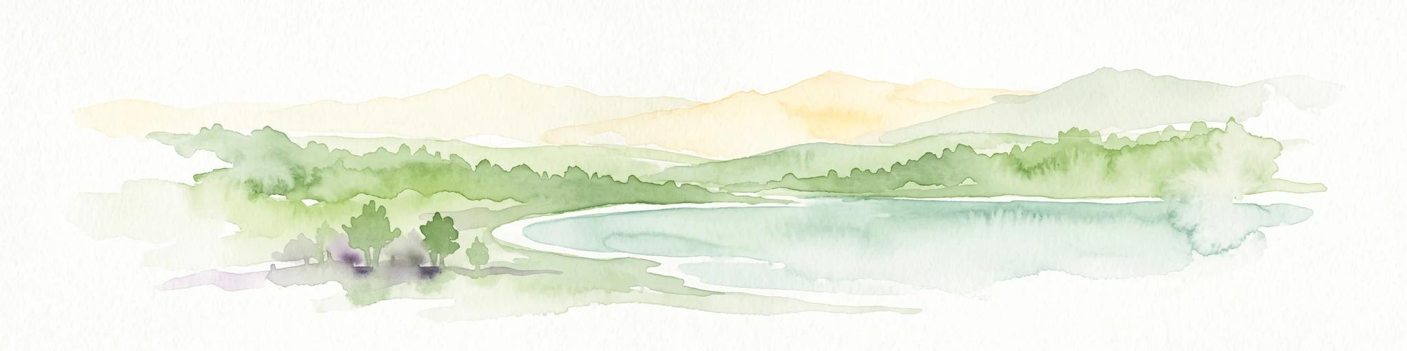 A minimalist watercolor painting showing a tranquil lake surrounded by gentle hills and trees against a soft, pale sky.