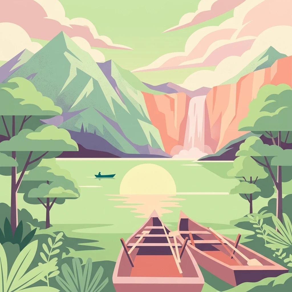 A stylized flat illustration of a calm lake surrounded by mountains and a waterfall, with two empty boats in the foreground and a distant boat on the water at sunset.