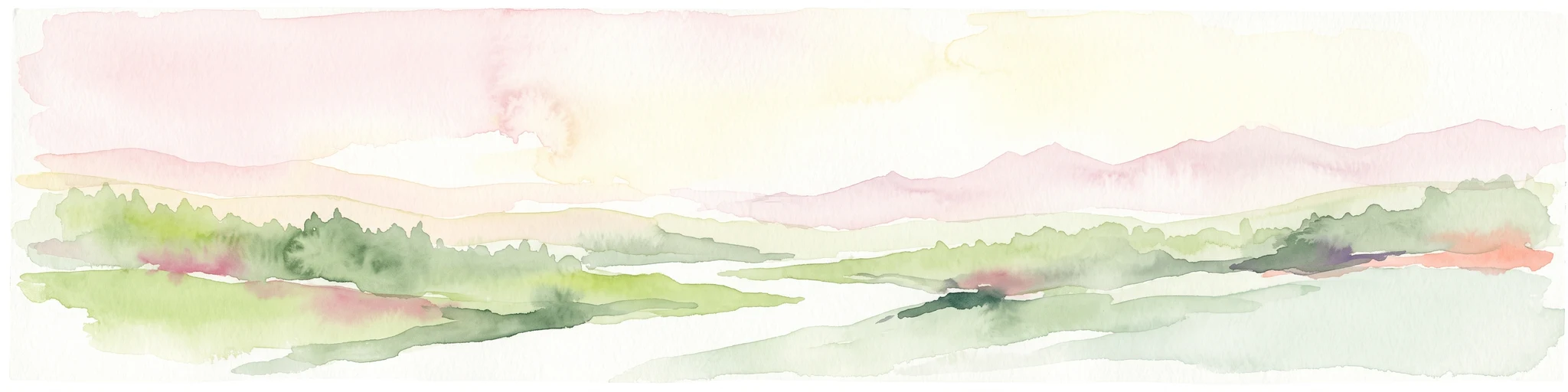A soft watercolor painting showing a panoramic view of rolling green hills, a winding waterway, and distant pinkish mountains under a light sky.