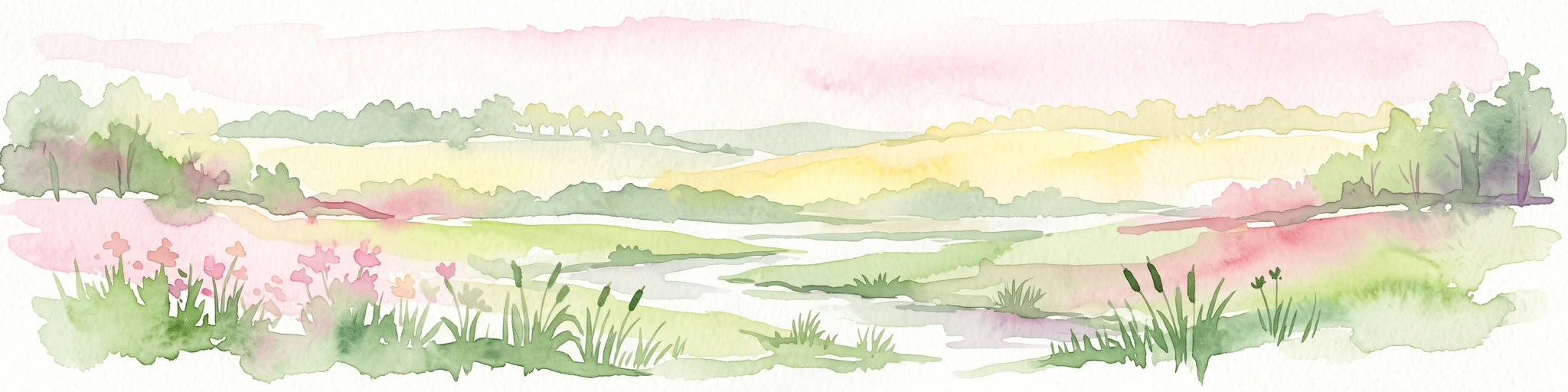 Watercolor painting of a peaceful wetland landscape featuring a gentle stream, soft green meadows, and gentle hills under a light pink sky.