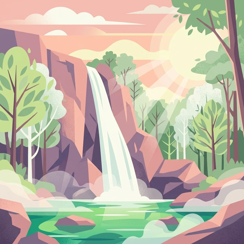 Stylized illustration of a waterfall flowing from rocky cliffs into a pool surrounded by trees and vegetation