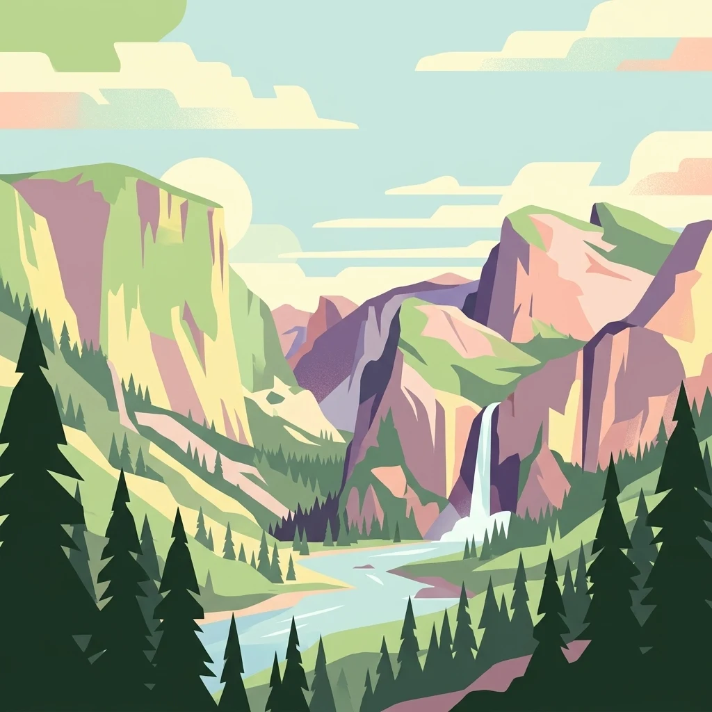 A flat-style digital illustration depicting a valley with steep, colorful rock formations, a waterfall in the midground, a river flowing through the center, and evergreen trees in the foreground.