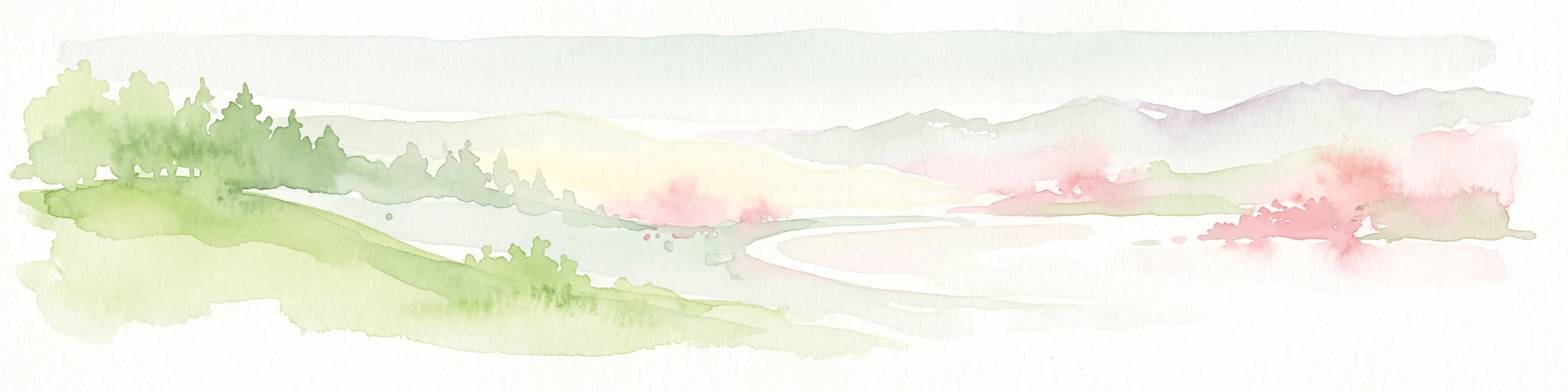 A soft watercolor illustration featuring green rolling hills; pink foliage; and a calm bay under a pale sky.