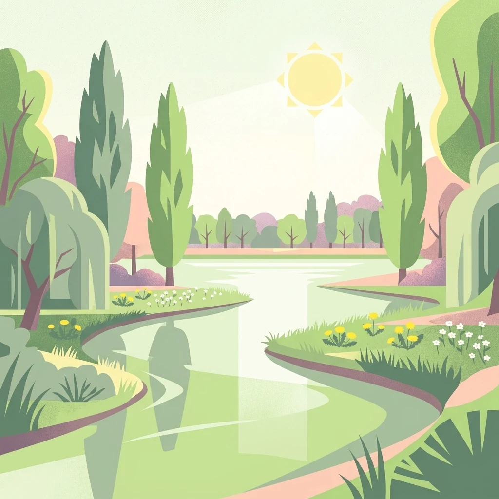 A flat-style digital illustration of a calm river winding through a lush green landscape with trees, flowering shrubs, and a bright sun in the sky.