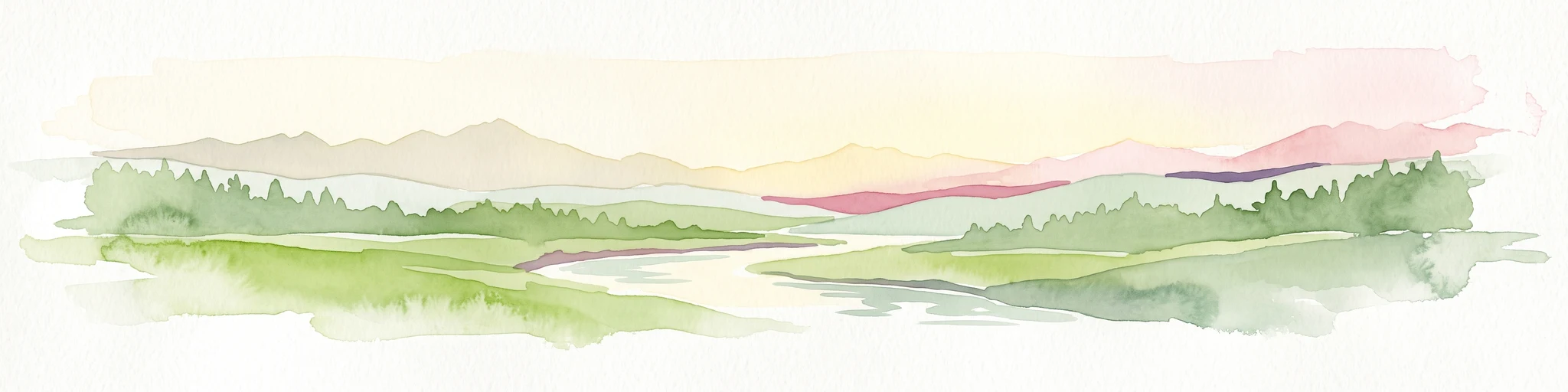 A soft watercolor painting showing a winding river through a green landscape with soft, rolling hills in the background under a pale sky.
