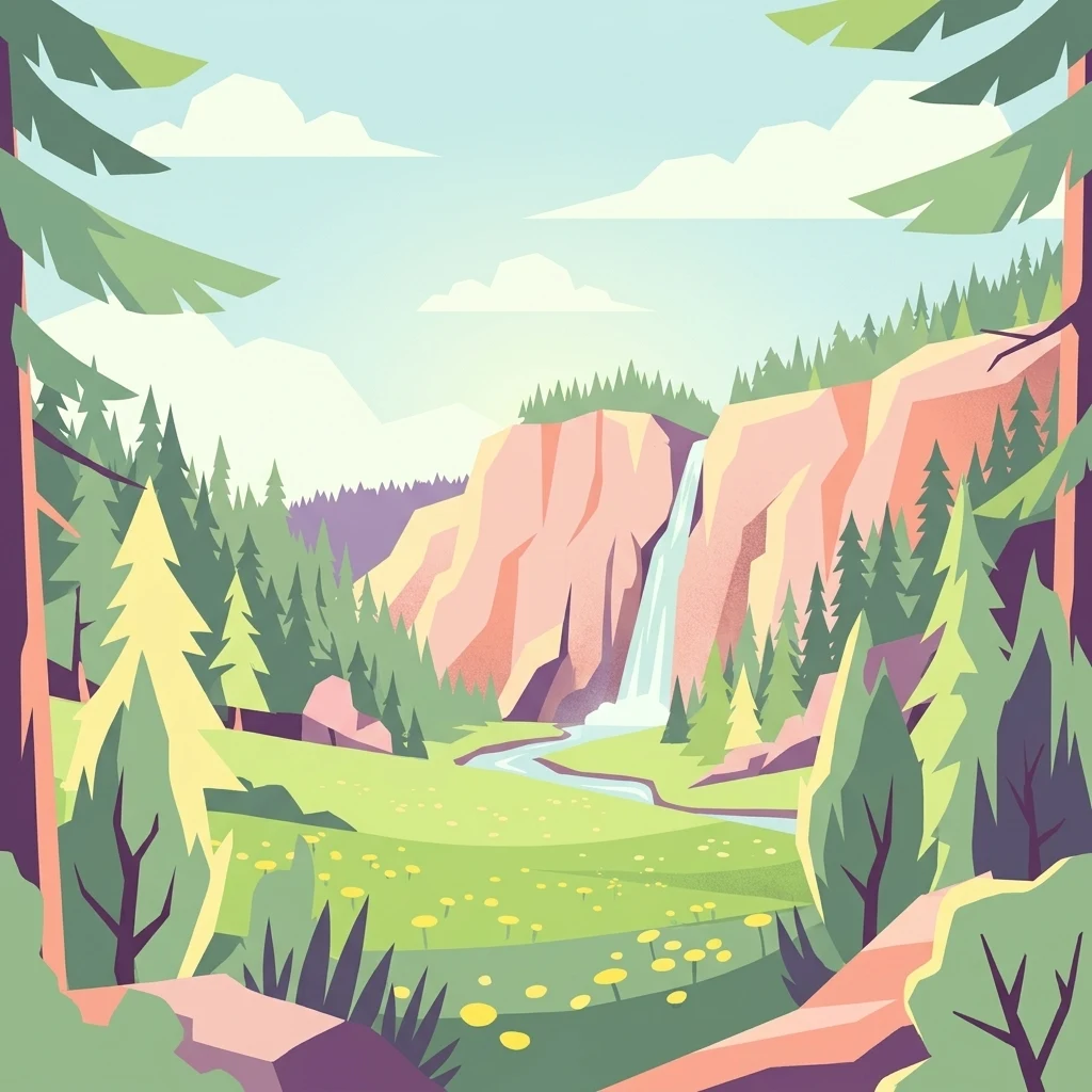 A flat-style digital illustration of a scenic valley with a waterfall cascading down a cliff into a stream that flows through a flower-dotted meadow, framed by evergreen trees.