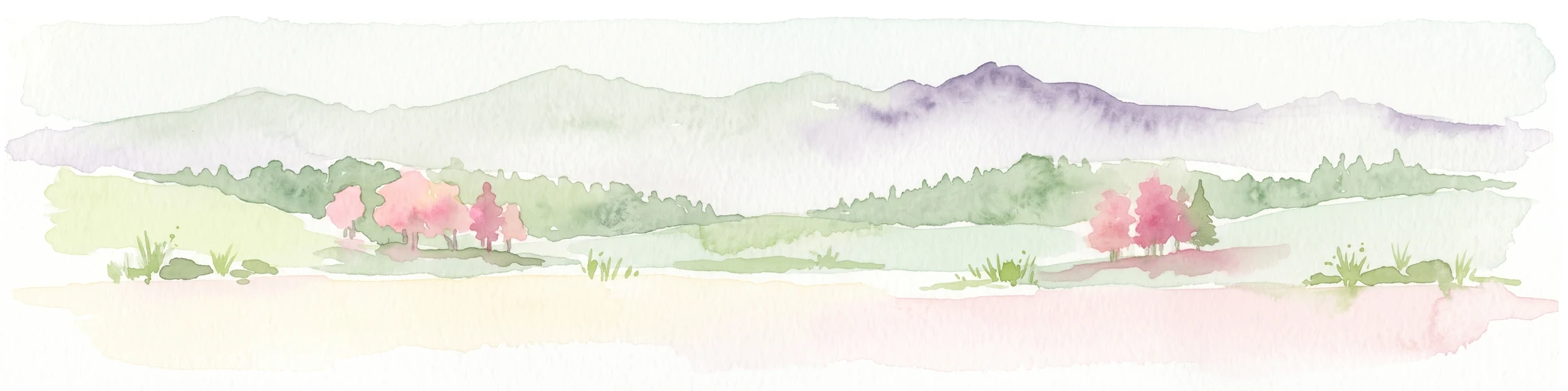 Una ilustración horizontal en acuarela que muestra suaves colinas verdes onduladas, un fondo de montañas púrpuras distantes y pequeños grupos de árboles rosados.