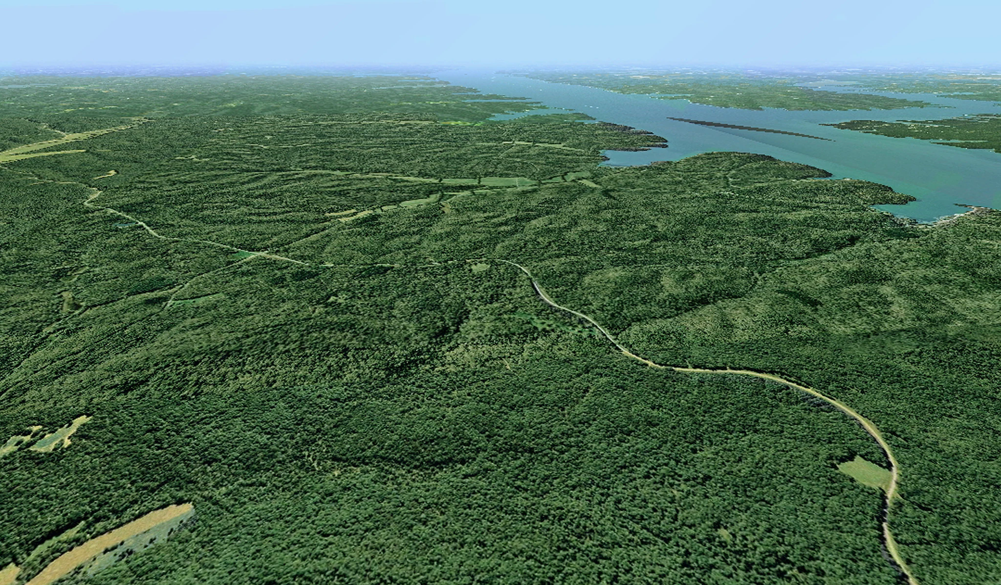 Vista aérea de una península de denso bosque verde rodeada de agua, con una carretera serpenteante que atraviesa los árboles.