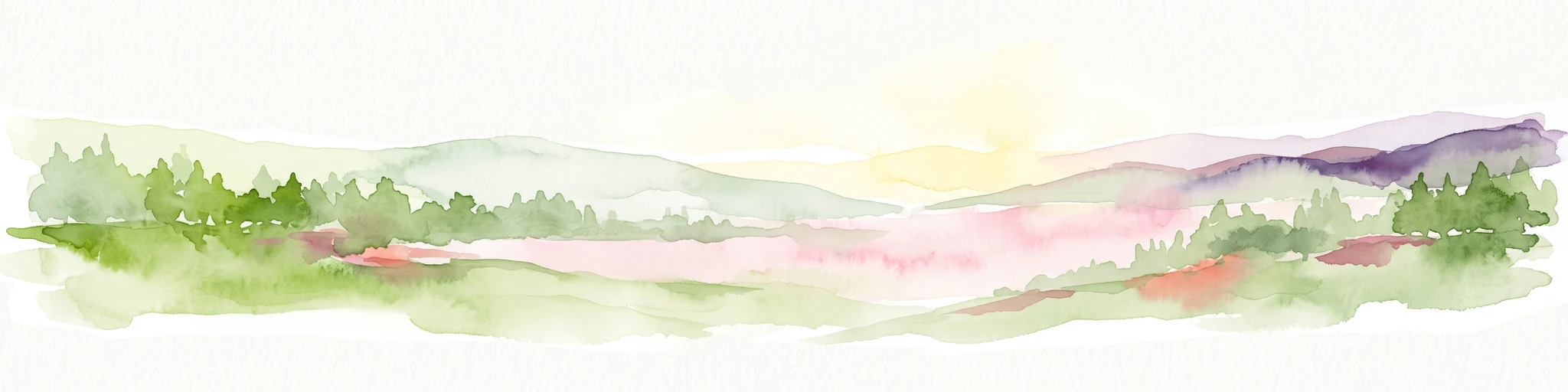 Una pintura en acuarela que muestra un paisaje estilizado con colinas verdes onduladas, una franja de árboles y una superficie de lago rosa pálido bajo un cielo suave de la mañana.