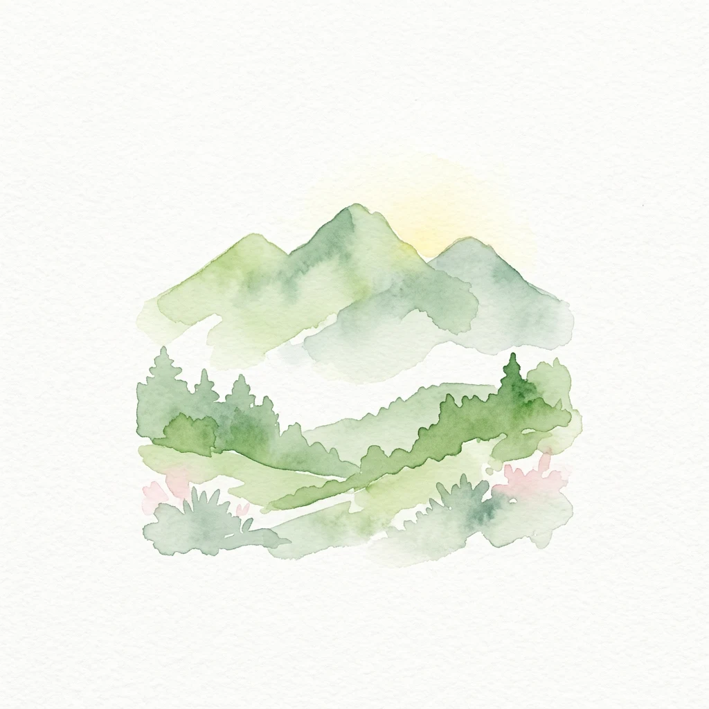 Watercolor illustration of mountains, forests, and flowers in green and pink tones