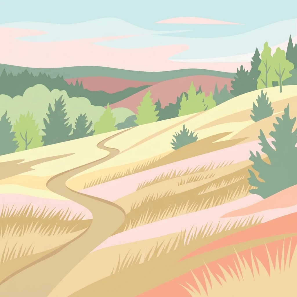 A digital illustration of a winding trail through a golden and light-colored heathland, with rolling hills and patches of trees in the background under a soft sunset sky.