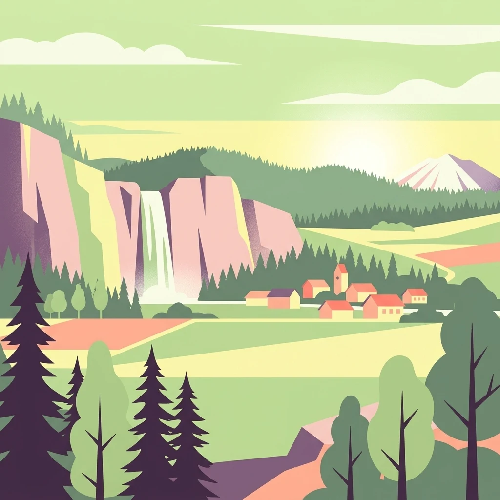 A flat vector-style illustration of a mountainous valley featuring a waterfall on the left, a small village of buildings in the center, and a distant snow-capped peak under a soft sky.