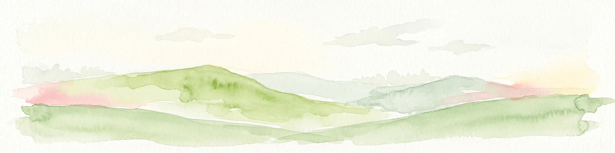 A soft watercolor illustration of rolling green hills under a sparse, light sky.